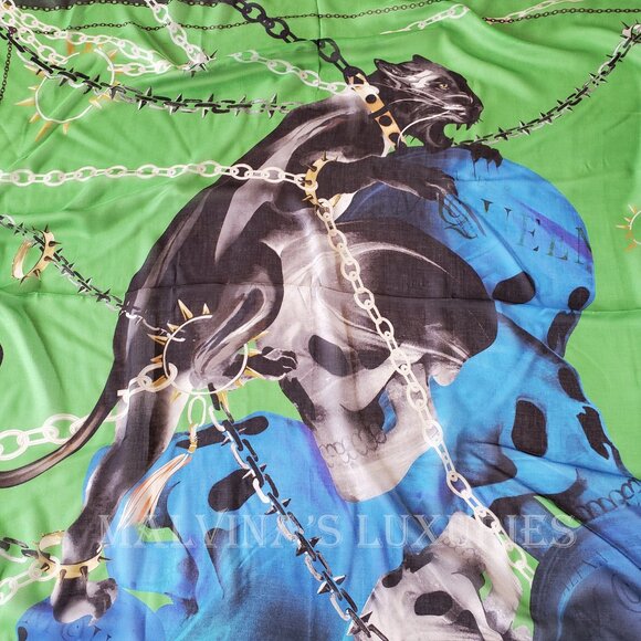ALEXANDER MCQUEEN SCARF CHAINED PANTHER SKULLS SILK MODAL LOGO SQUARE 54" - Picture 13 of 16